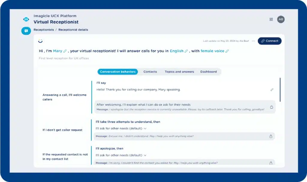 Imagicle AI Virtual Receptionist interface preview